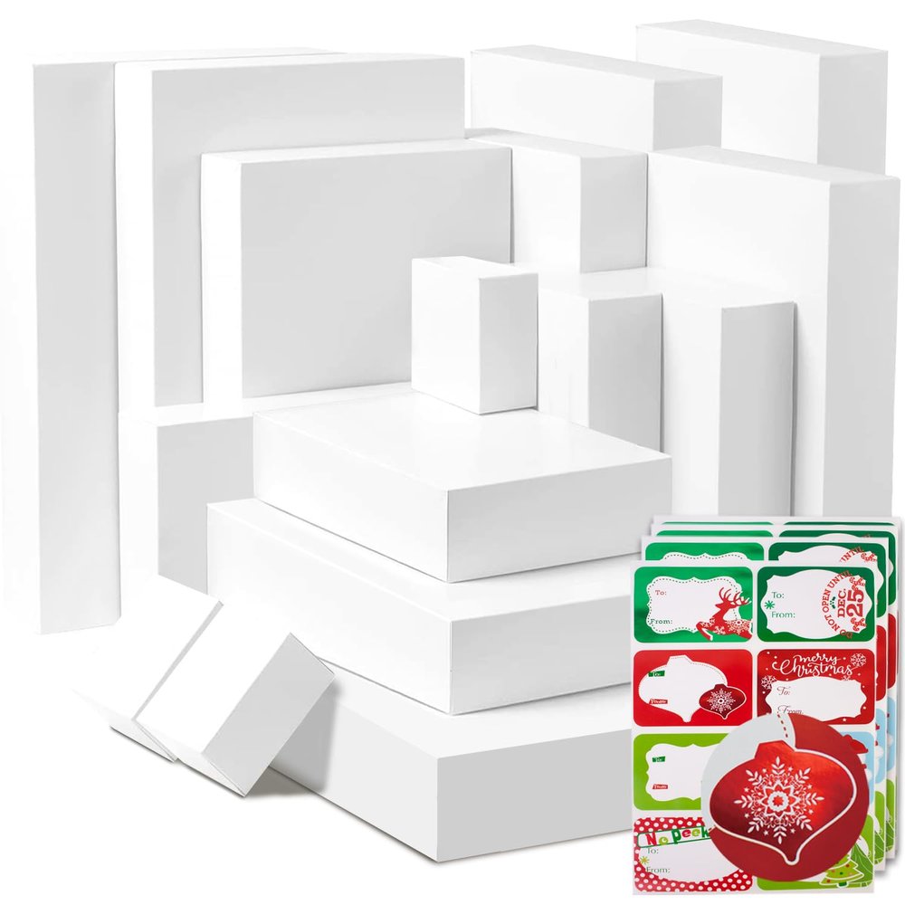 16 White Gift Wrap Boxes with Lids for wrapping Large Clothes and 80 Count Foil Christmas Tag Stickers (Assorted size for wrapping Robes, Sweater, Coat, Shirts and Clothes xmas Holiday Present)