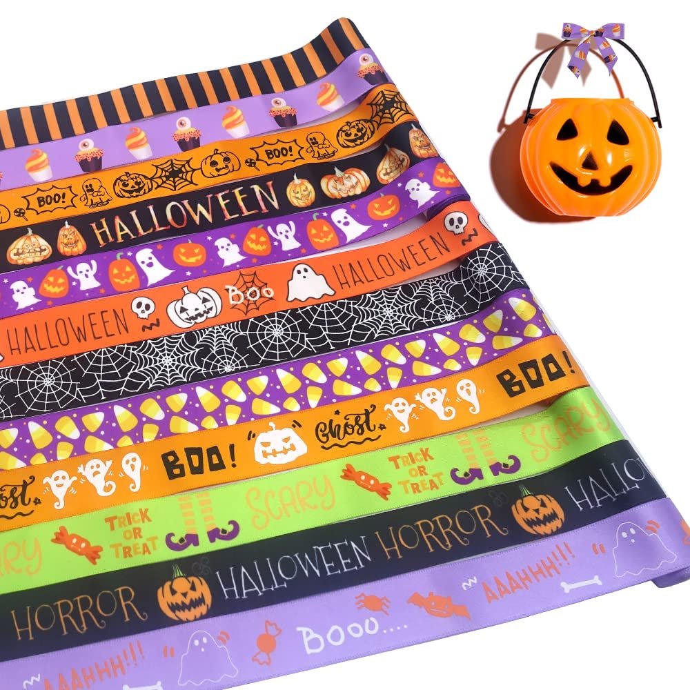 12 Yards Halloween Ribbons, Pumpkin Printed Grosgrain Ribbons 3/4" Wide Satin Grosgrain Ribbons Orange Black Purple Green Bat Stripe Wrapping Craft Ribbons for Halloween Party Decor