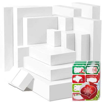 16 White Gift Wrap Boxes Bulk with Lids for Wrapping Extra Large Clothes and 80 Count Christmas Tag Stickers(Assorted size for Shirts, Robes, Coats, Sweaters, clothing and xmas Holiday Present)