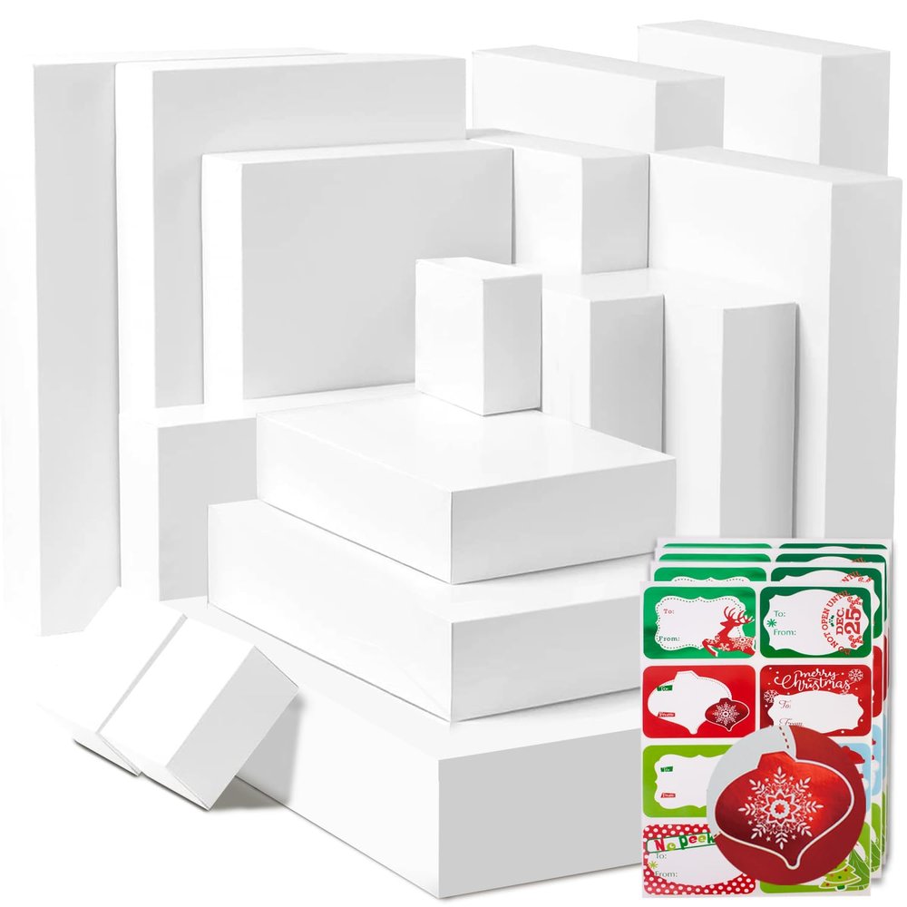 16 White Gift Wrap Boxes Bulk with Lids for Wrapping Extra Large Clothes and 80 Count Christmas Tag Stickers(Assorted size for Shirts, Robes, Coats, Sweaters, clothing and xmas Holiday Present)