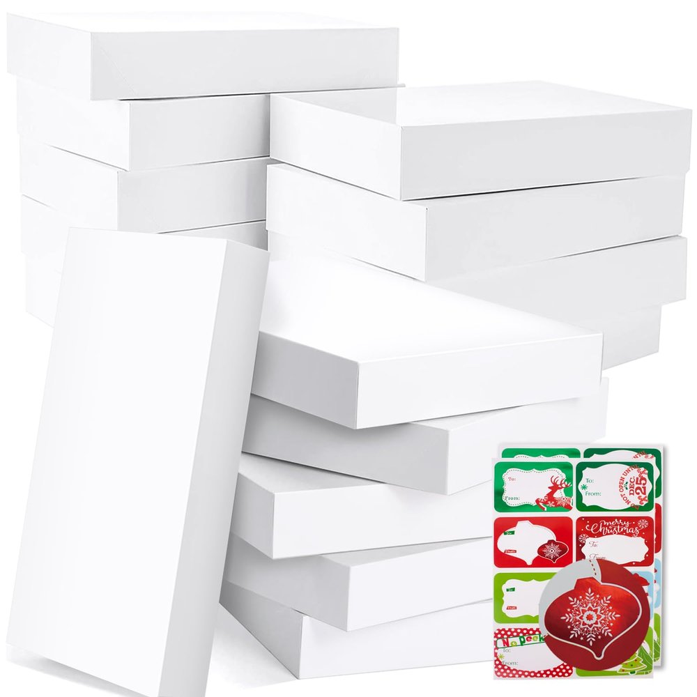Party Funny 18 White large Gift Wrap Boxes bulk with Lids and 80 Count Foil Christmas Tag Stickers for wrapping Clothes (Robes, Sweaters, Coats, Shirts) and Xmas Holiday Present