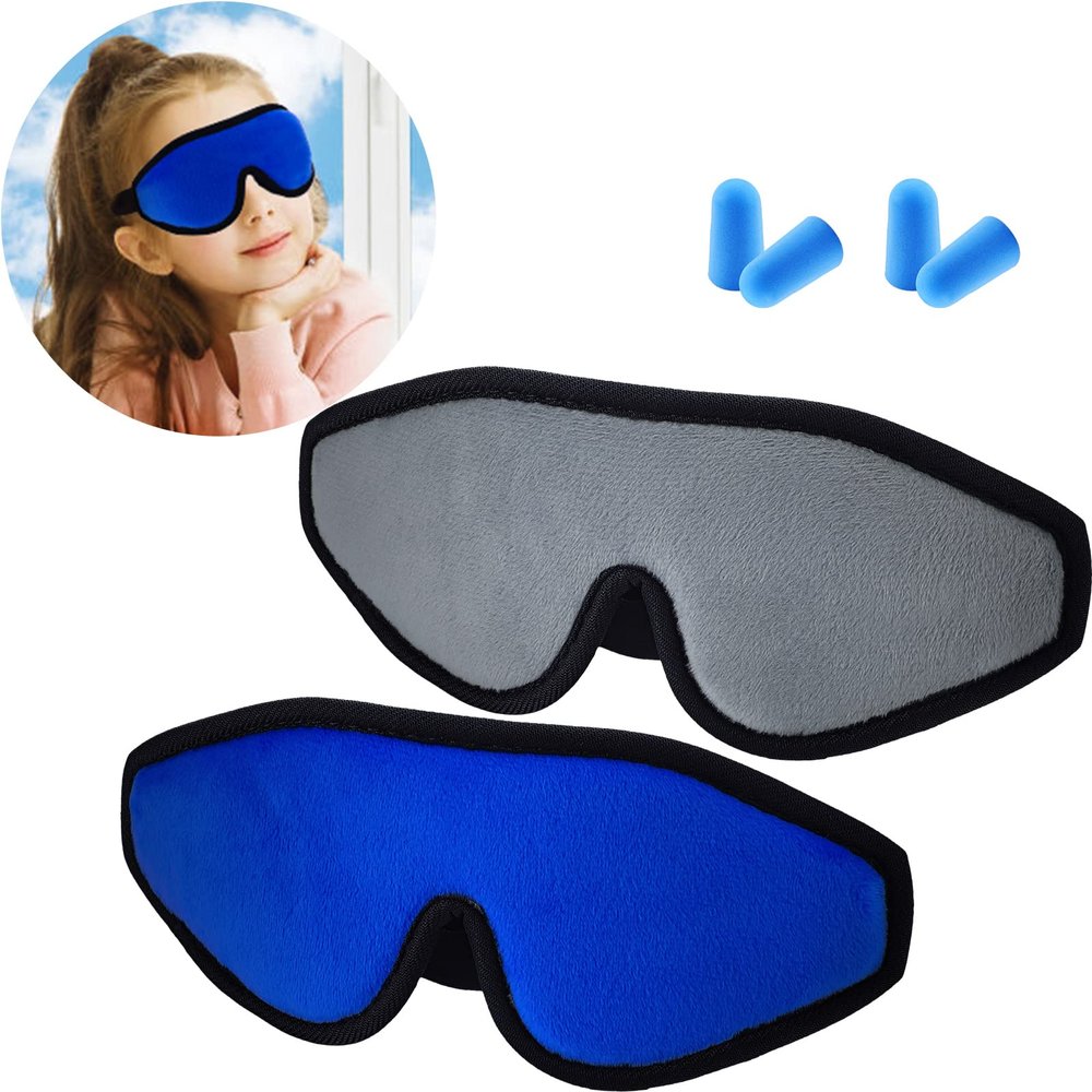 2 Pieces 3D Sleep Mask for Kids Memory Foam Contoured Eye Mask, Travel Sleep Eye Cover with Adjustable Strap, 3D Blindfolds(Blue and Gray)