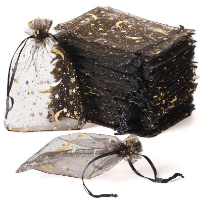 100PCS Moon Star Organza Bags - 4x6" Wedding Favors with Drawstring, Black Organza Gift Pouch for Jewelry, Wedding, Valentine's Day, Christmas, Eid Mubarak Party Favor Bags