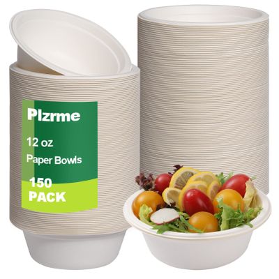 150 PCS Eco-Friendly Sugarcane Bowls - 12 oz Heavy-Duty Disposable Paper Bowls - 100% Compostable and Biodegradable for Hot or Cold Food, Snacks, Salads, Soup