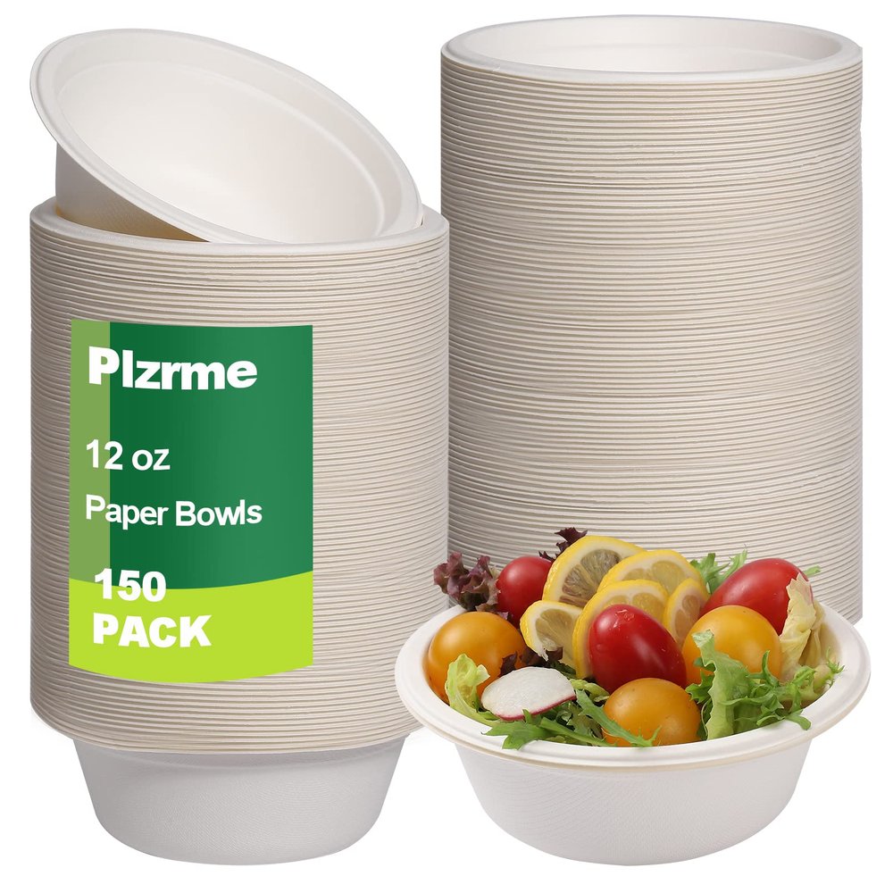 150 PCS Eco-Friendly Sugarcane Bowls - 12 oz Heavy-Duty Disposable Paper Bowls - 100% Compostable and Biodegradable for Hot or Cold Food, Snacks, Salads, Soup