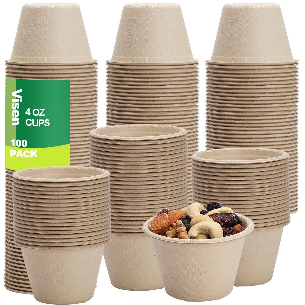 Visen 100 Pack Compostable Portion Cups,Disposable Paper Cups for Condiment,4 oz Food Sample Cups,100% Biodegradable Souffle Cups,Disposable Cups for Jello Shot & Samples Honey Nuts (Natural)