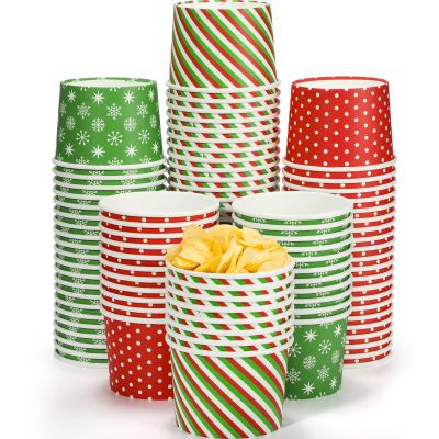Potchen 9 oz Christmas Paper Ice Cream Cups Xmas Disposable Dessert Bowls Snack Soup Cups Polka Dot Snowflake Striped Paper Bowls for Hot or Cold Food Christmas Party Supplies(90 Pcs)