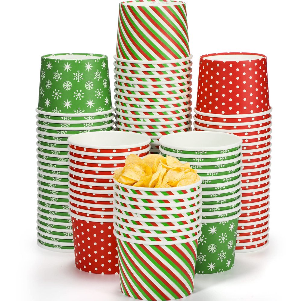 Potchen 9 oz Christmas Paper Ice Cream Cups Xmas Disposable Dessert Bowls Snack Soup Cups Polka Dot Snowflake Striped Paper Bowls for Hot or Cold Food Christmas Party Supplies(90 Pcs)