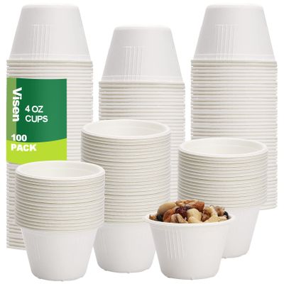 Visen 100 Pack Compostable Portion Cups, 4 oz Disposable Paper for Condiment, Food Sample, 100% Biodegradable Souffle, Jello Shot & Samples Honey Nuts (White)