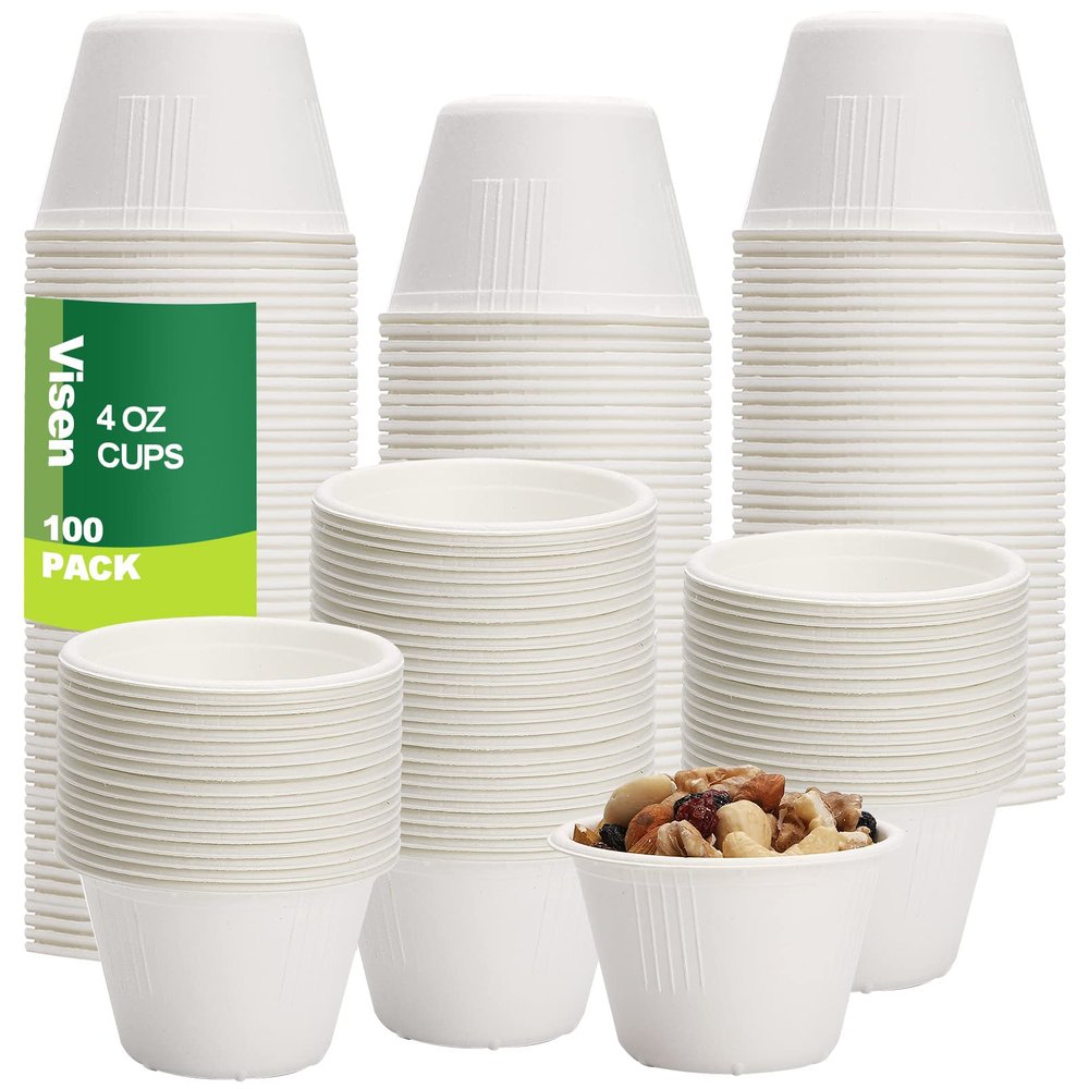 Visen 100 Pack Compostable Portion Cups, 4 oz Disposable Paper for Condiment, Food Sample, 100% Biodegradable Souffle, Jello Shot & Samples Honey Nuts (White)