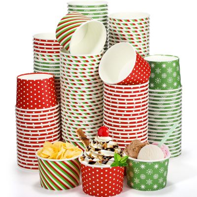 Potchen 9 oz Christmas Paper Ice Cream Cups Xmas Disposable Dessert Bowls Snack Soup Cups Polka Dot Snowflake Striped Paper Bowls for Hot or Cold Food Christmas Party Supplies(180 Pcs)