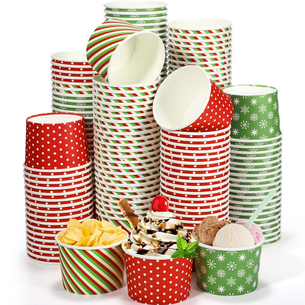 Potchen 9 oz Christmas Paper Ice Cream Cups Xmas Disposable Dessert Bowls Snack Soup Cups Polka Dot Snowflake Striped Paper Bowls for Hot or Cold Food Christmas Party Supplies(180 Pcs)