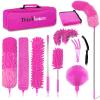ThinkLearn Microfiber Dusters for Cleaning,14PCS Feather Dusters with Extension Pole,Bendable Washable and Extendable Duster for High Ceilings, Fans and Blinds House Cleaning Kit Pink Gift for Women view 1