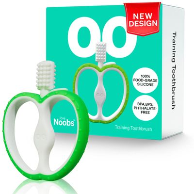 Easy Grip Baby Teething Toothbrush for 4-12 Months by LoveNoobs, Safe Design, Gentle Bristles for Sensitive Gums, BPA Free Food-Grade Silicone Toothbrush Teether, Green