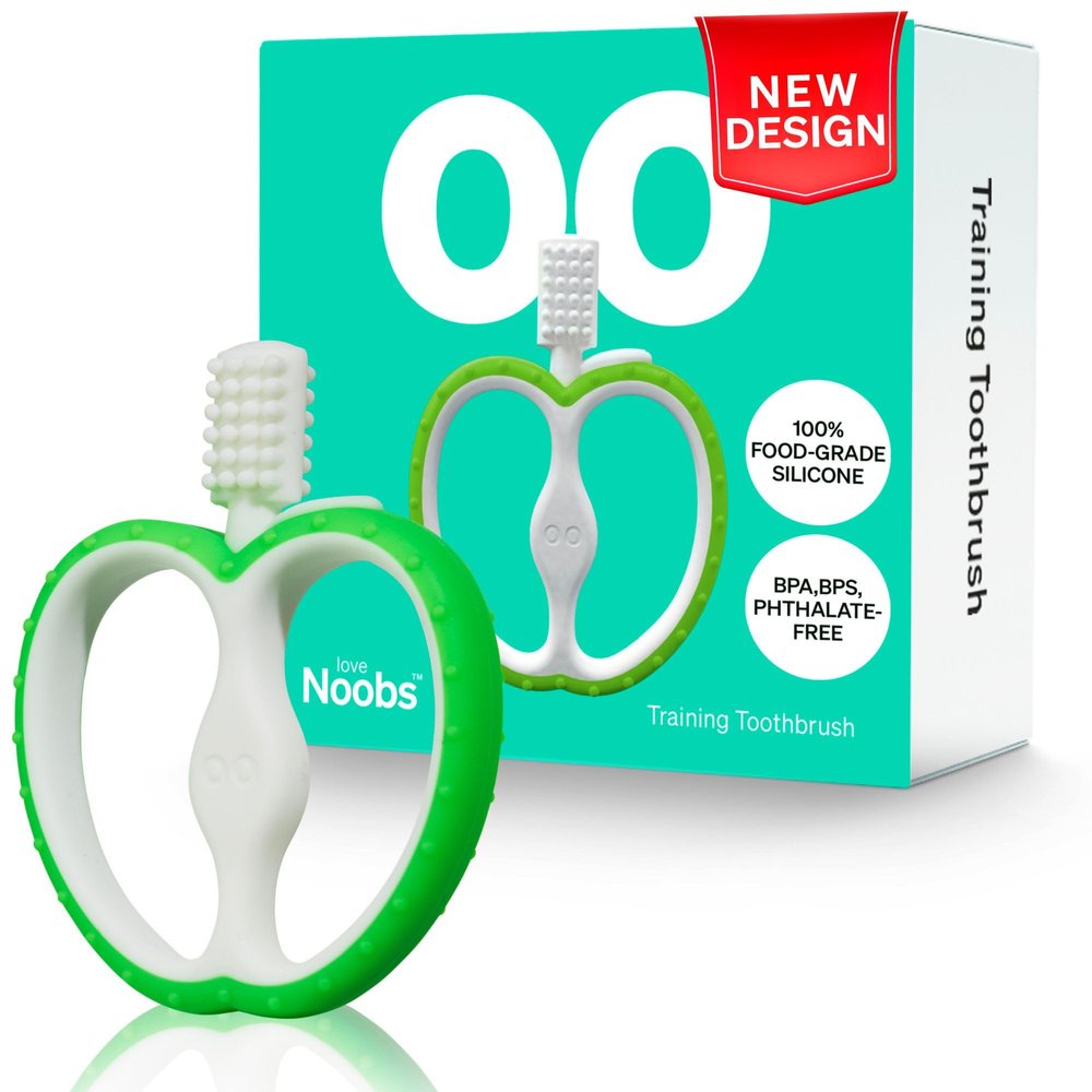 Easy Grip Baby Teething Toothbrush for 4-12 Months by LoveNoobs, Safe Design, Gentle Bristles for Sensitive Gums, BPA Free Food-Grade Silicone Toothbrush Teether, Green