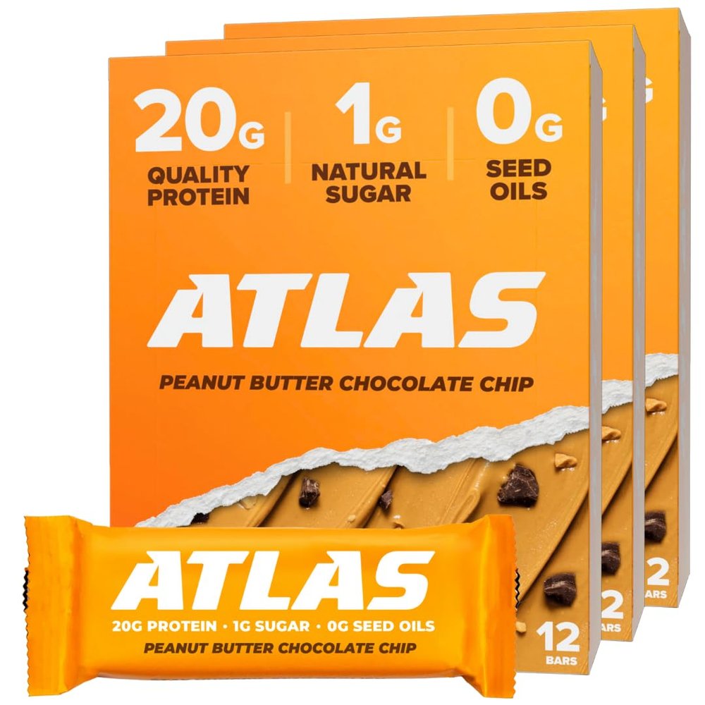 Atlas Real Food Protein Bar  20g Clean Protein, 1g Sugar, No Seed Oils, No Artificial Sweeteners (Peanut Butter Chocolate Chip, 36 Count)