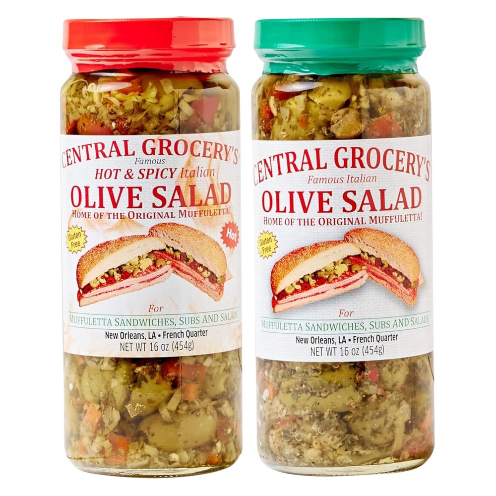 Central Grocery Olive Salad - 16 oz Combo - Hot and Original Olive Salad - Perfect for Muffulettas, Sandwiches, Pizza Toppings, Pastas, Hot Dog Topper, Salads and More