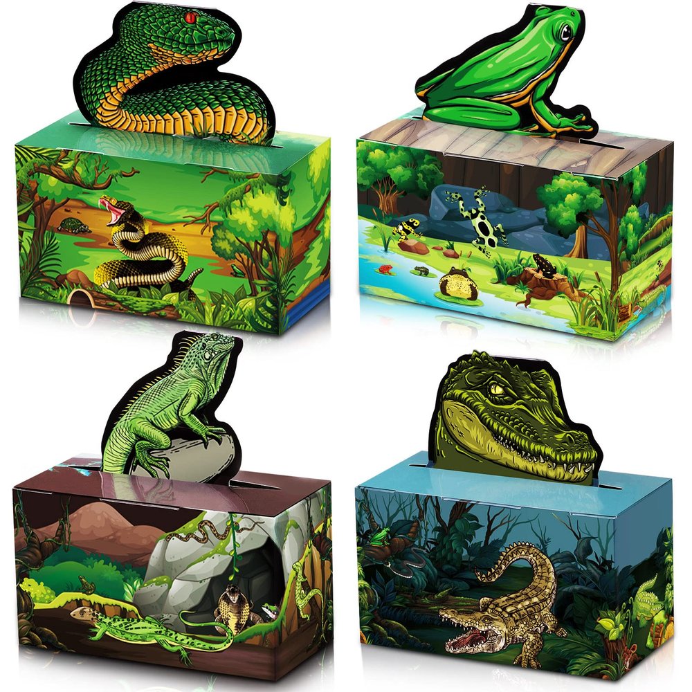 Nezyo 24 Pcs Reptile Party Favor Reptile Party Bags Snake Birthday Decorations Lizard Frog Crocodile Boxes for Jungle Baby Shower Birthday, 4. 8 x 2. 4 x 6. 3 Inch
