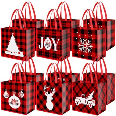 Aneco 12 Large Reusable Christmas Red and Black Plaid Non-Woven Bags with Handles - Gift Bags for Party Supplies, 14 x 13.8 x 7.5 Inches