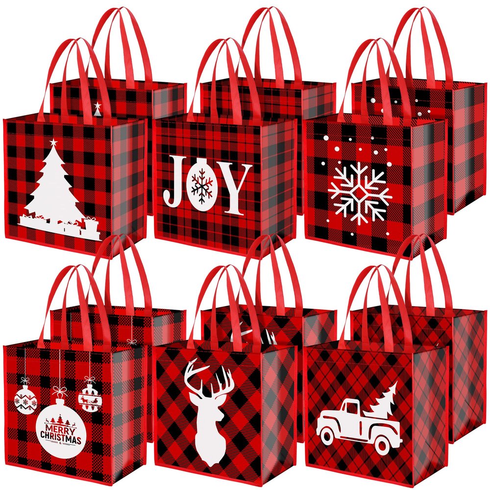 Aneco 12 Large Reusable Christmas Red and Black Plaid Non-Woven Bags with Handles - Gift Bags for Party Supplies, 14 x 13.8 x 7.5 Inches
