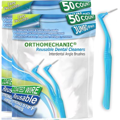 Orthomechanic Reusable Interdental Angle Brushes Jumbo Pack - Remove Plaque - Toothpick (Standard - Blue - 50 Count Pack of 2)