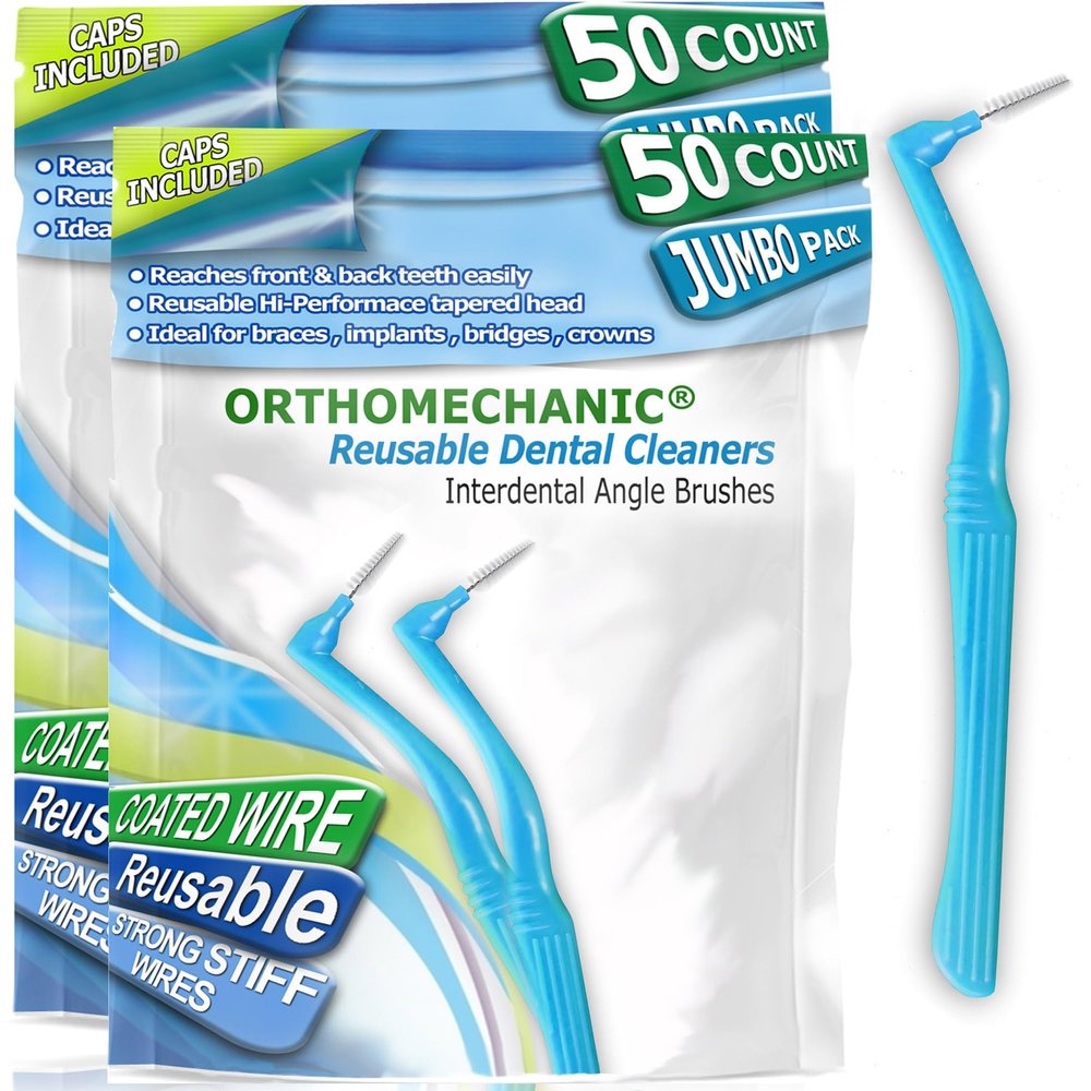 Orthomechanic Reusable Interdental Angle Brushes Jumbo Pack - Remove Plaque - Toothpick (Standard - Blue - 50 Count Pack of 2)