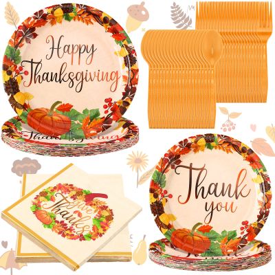 Spiareal 100 Pcs Thanksgiving Paper Plates and Napkins Sets Fall 2 Size Happy Thanksgiving Paper Plates with Pumpkin and Maple Leaves for Holiday Party Decor Disposable Dinnerware Supplies