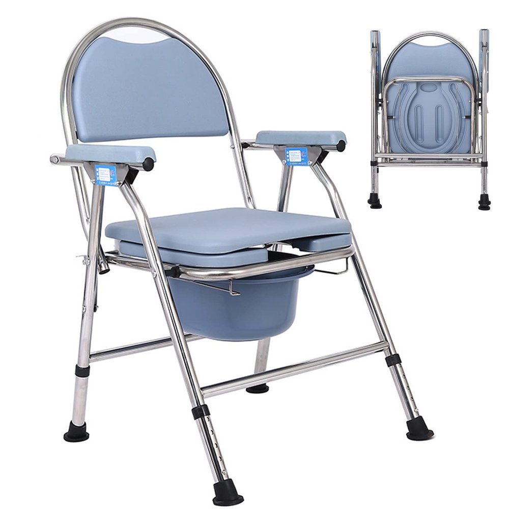 3 in 1 Commode Chair for Toilet with Arms Foldable Shower Chair with Back, Adjustable Shower Seat with Non-Slip Rubber Tips for Seniors, Pregnant and Disabled