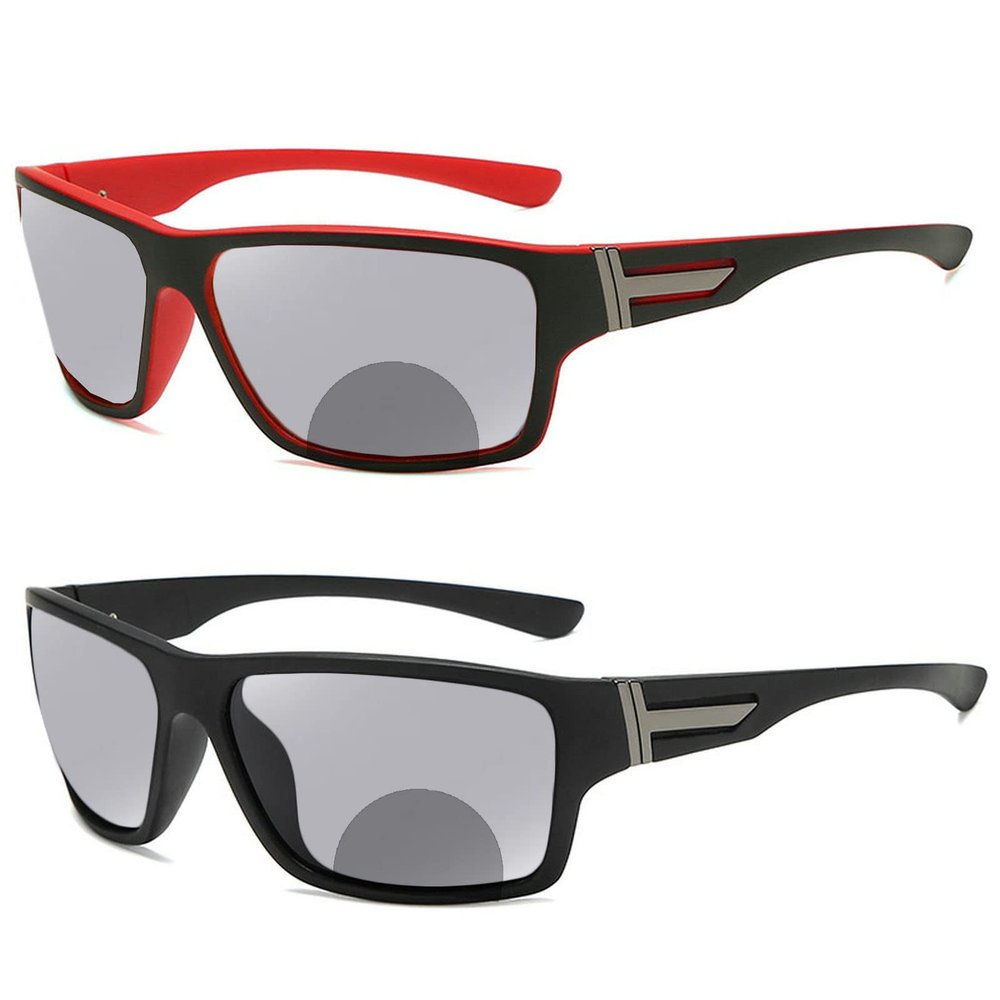 outdoor Transition Photochromic Bifocal Reading Glasses Mens and Womens 2pcs Sports Presbyopia Sunglasses Readers (2pcs-black&red, 3.5, multiplier_x)