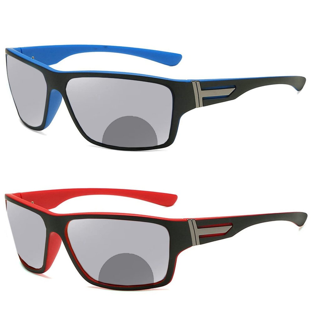 outdoor Transition Photochromic Bifocal Reading Glasses Mens and Womens 2pcs Sports Presbyopia Sunglasses Readers (2pcs-red&blue, 1, multiplier_x)