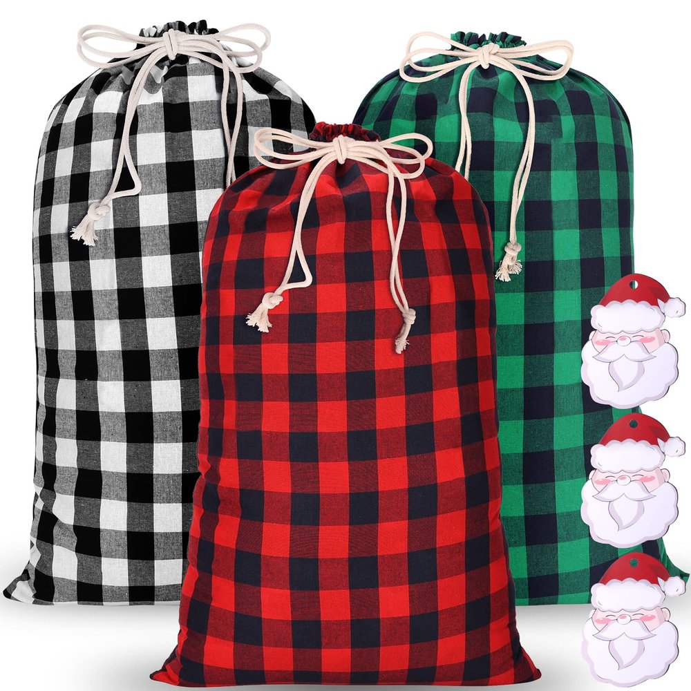 Aboofx 3 Pack Extra Large Drawstring Christmas Bags, 31.5 x 17.7 Inch Large Plaid Fabric Santa Sack Present Bags Stocking Storage for Christmas Party Xmas Ornaments Supplies