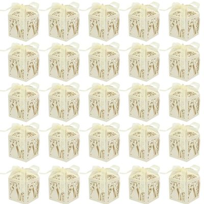25 Pcs Candy Gift Box, Wedding Boxes Sweets Favour Decorations Box Couple Design Luxury Lase Cut Party Favor Ribbon (White), 5x5x8cm (10335232ACHJX6)