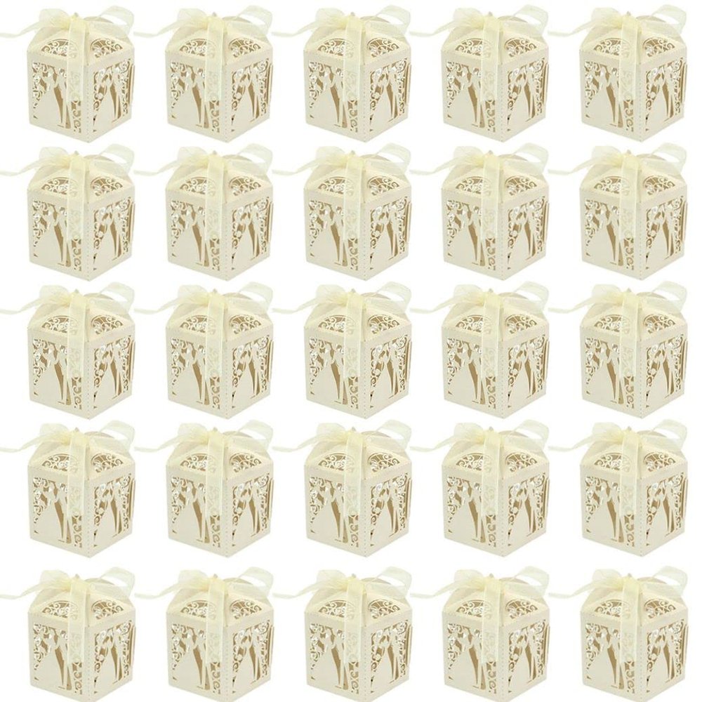 25 Pcs Candy Gift Box, Wedding Boxes Sweets Favour Decorations Box Couple Design Luxury Lase Cut Party Favor Ribbon (White), 5x5x8cm (10335232ACHJX6)