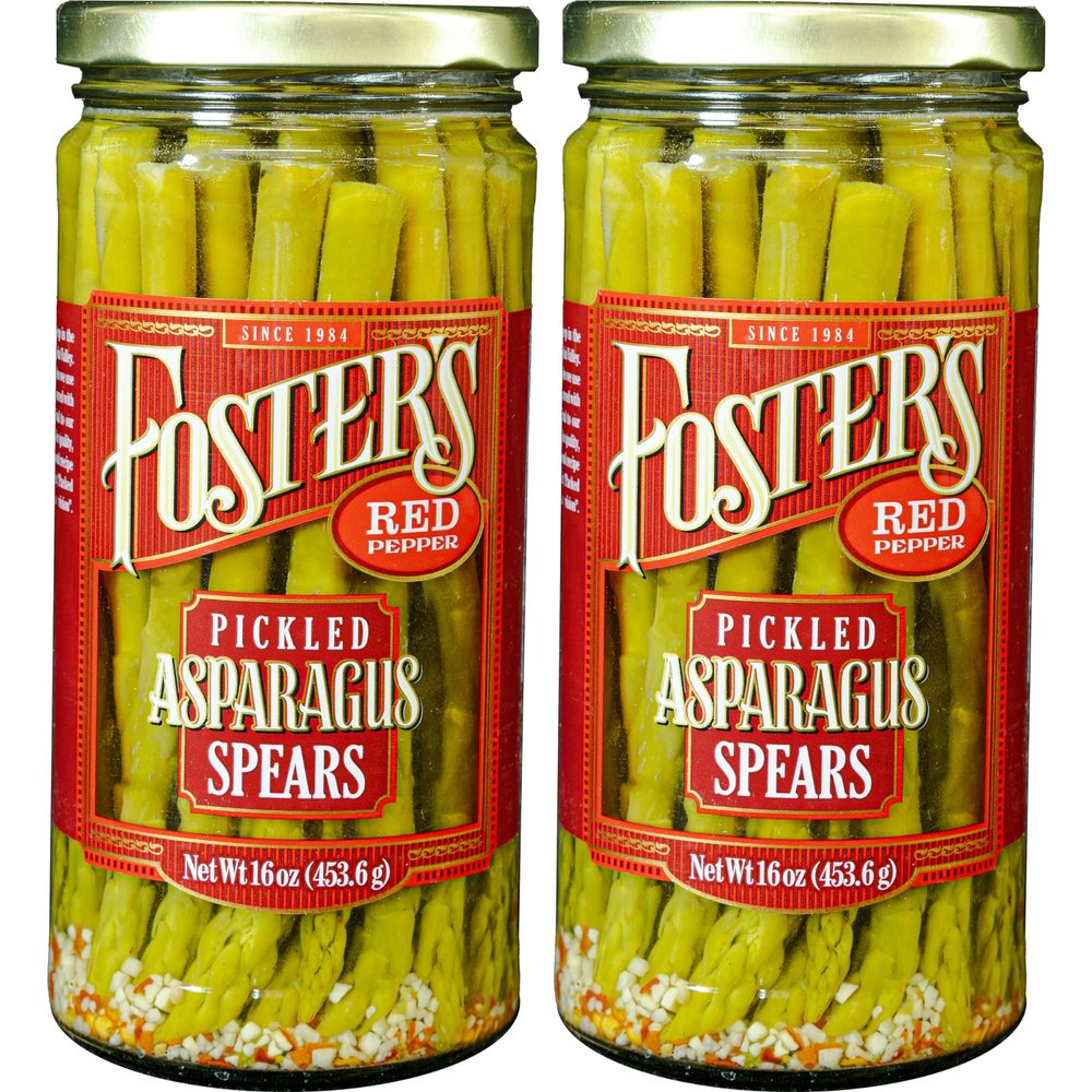 Foster's Hot Pickled Asparagus Spears in a Jar, Spicy Red Pepper, 16oz, 2 Pack, Traditional Pickled Vegetables Recipe over 40 years, Low Calorie Snack, Gluten Free, Fat and Preservative Free Pickles