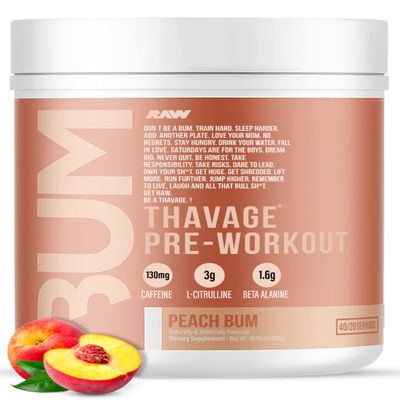RAW Preworkout Powder, Thavage (Peach Bum) - Chris Bumstead Sports Nutrition Supplement for Men & Women - Cbum Pre Workout for Working Out, Hydration, Mental Focus & Energy - 40 Servings