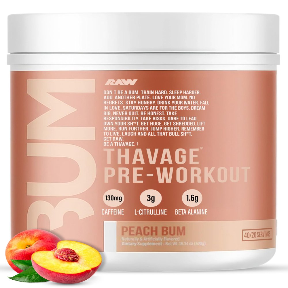 RAW Preworkout Powder, Thavage (Peach Bum) - Chris Bumstead Sports Nutrition Supplement for Men & Women - Cbum Pre Workout for Working Out, Hydration, Mental Focus & Energy - 40 Servings