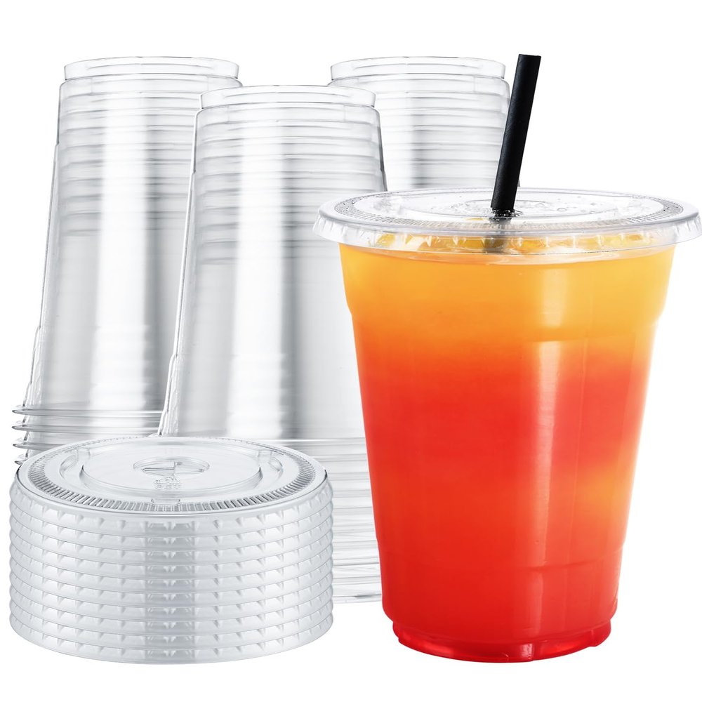 NEEBAKE 75 Sets 24 oz Plastic Cups With Lids - Clear Disposable Drinking Cups for Iced Coffee, Smoothie, Milkshake, Cold Drinks, Party