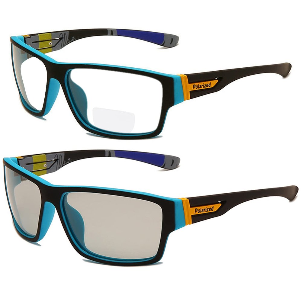 Transition Photochromic Bifocal Reading Glasses for Mens and Womens Square Wrap Around Sports Sunglasses Readers 0~+4.00 (blue, 2.0, multiplier_x)