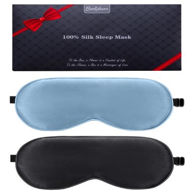 BeeVines 100% Real Mulberry Silk 2 Pack Sleep Mask, Pure Silk Eye Masks with Adjustable Strap for Sleeping, 100% Block Light Eye Shade Cover, Reduces Puffy Eyes Traveling Gifts(Black & Pastel Blue)