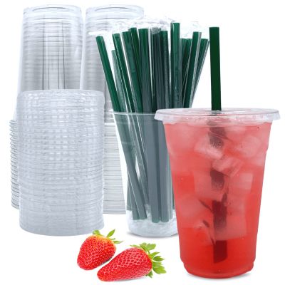 24 oz Clear Plastic Cups with Lids and Straws, Disposable Coffee Cups 25 Sets