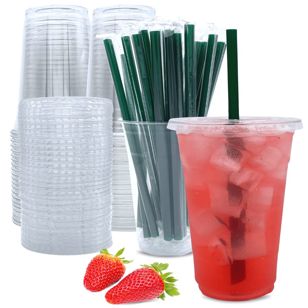 24 oz Clear Plastic Cups with Lids and Straws, Disposable Coffee Cups 25 Sets