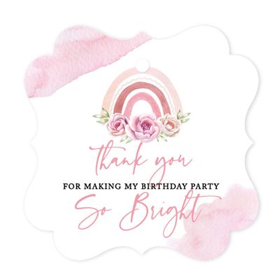 Andaz Press Fancy Frame Kids Party Favor Thank You Tags with String, 48-Pack Floral Rainbow Birthday Gift Tags for Gift Bags, Favor Bags, Goody Bags, Girls Boho Birthday, 1st Birthday Party Favors
