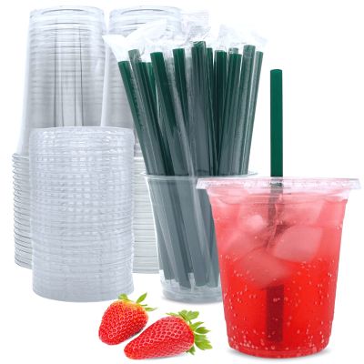 16 oz Clear Plastic Cups with Lids and Straws, Disposable Coffee Cups 25 Sets