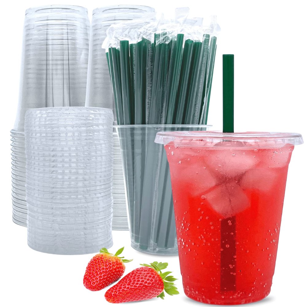 20 oz Clear Plastic Cups with Lids and Straws, Disposable Coffee Cups 25 Sets