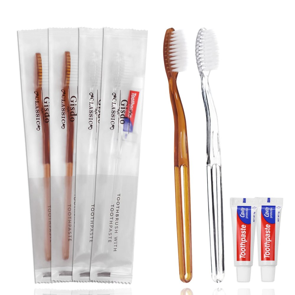 100 Pack Disposable Toothbrushes with Toothpaste, Individually Wrapped Disposable Toothbrushes Bulk Toothbrushes, Disposable Travel Toothbrush Kit for Homeless, Hotel Guest, 2 Colors