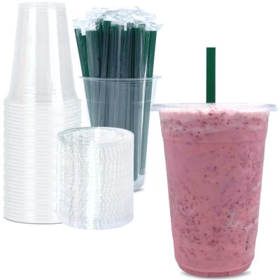 Cappatua [50 SETS] 32 oz Clear Plastic Cups with Lids and STRAWS, Disposable Drinking Cups for Cold Drinks, Iced Coffee, Milkshakes, Smoothies