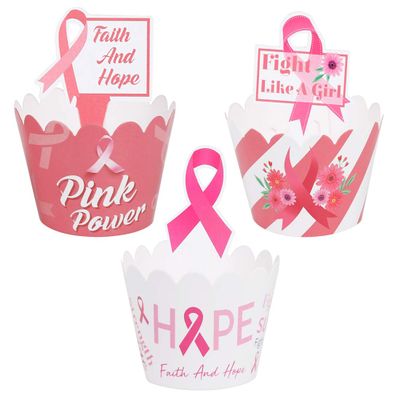 120PCS Breast Cancer Awareness Cupcake Toppers - Pink Ribbon Hope Cake Wrappers Decorations Party Supplies