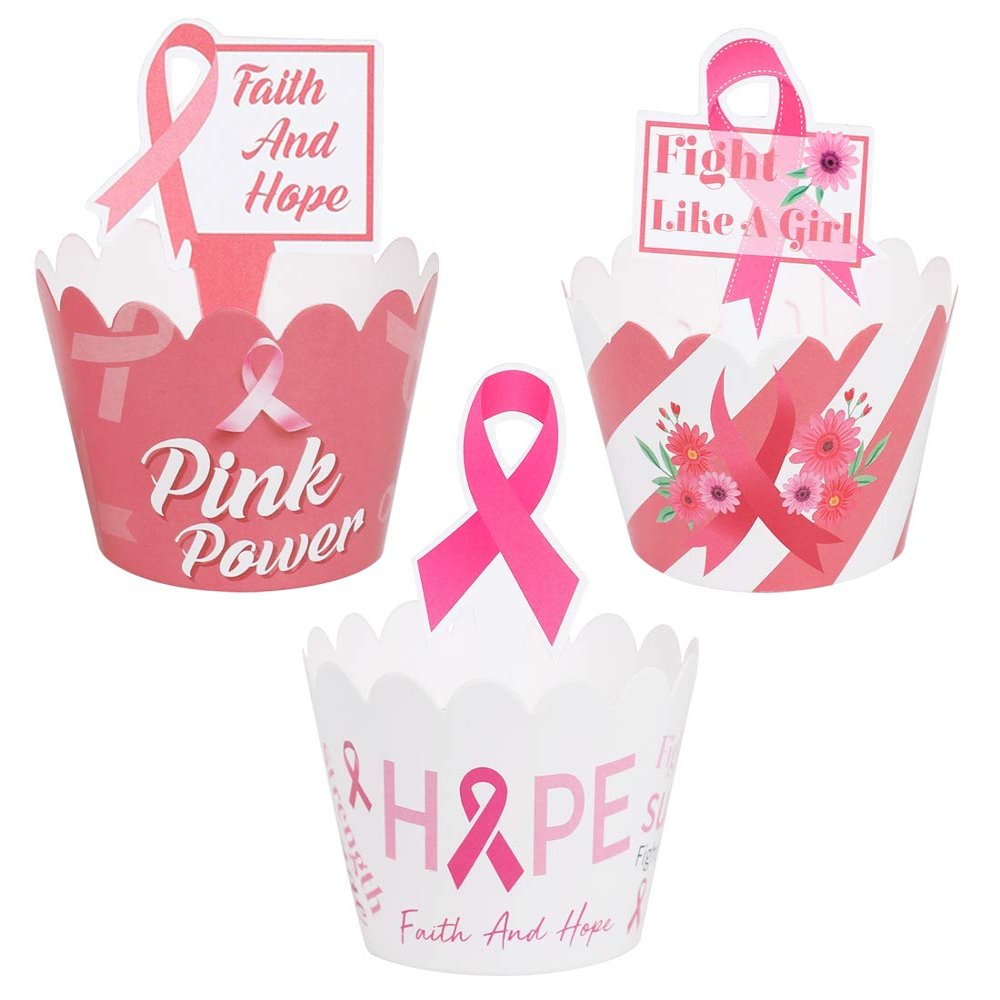 120PCS Breast Cancer Awareness Cupcake Toppers - Pink Ribbon Hope Cake Wrappers Decorations Party Supplies
