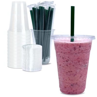 24 oz Clear Plastic Cups with Lids and STRAWS, Disposable Drinking Cups for Cold Drinks, Iced Coffee, Milkshakes, Smoothies, 25 Sets