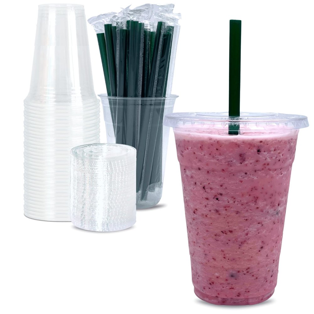 24 oz Clear Plastic Cups with Lids and STRAWS, Disposable Drinking Cups for Cold Drinks, Iced Coffee, Milkshakes, Smoothies, 25 Sets